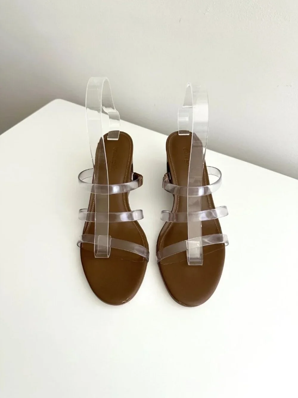 CULT GAIA Merced Strappy PVC Wooden Cutout Wedge Sandals in Clear/Brown Size 38